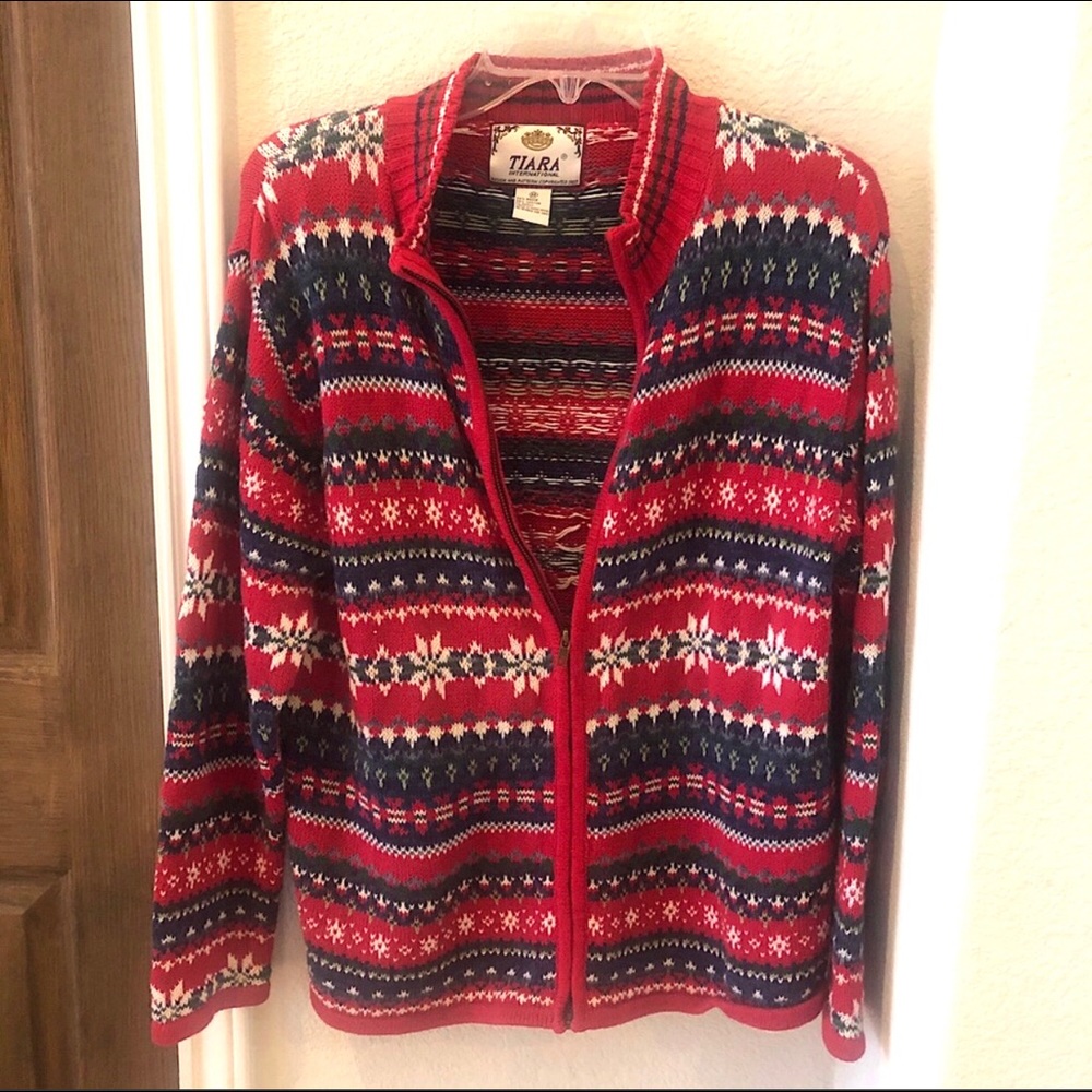 Tiara Womens Fair Isle Cardigan Vintage Zip Sweater Medium HongKong Shoulder Pad